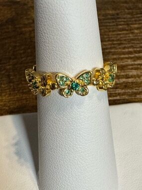 Gold Butterfly Ring with Green Stones Adjustable - Size 5-6